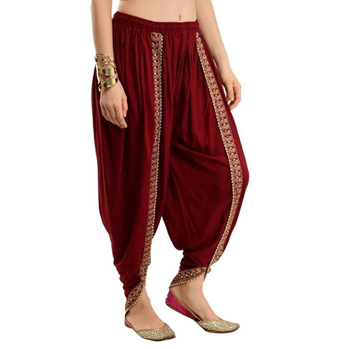 Women's Traditional Dhoti Harem Pants, Cream White with Gold Embellishments, Free Size 28-36 (US, Waist, 30, Long, Free Size, Maroon)