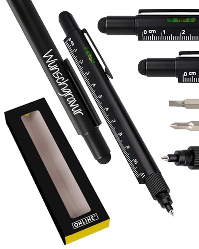 Online Männer Geschenk Stift 6-in-1 mit persönlicher Namens-Gravur Schwarz I Multitool Stift personalisiert I Multifunktions-Kugelschreiber und Werkzeug I Geschenk für Mama, Papa, Handwerker
