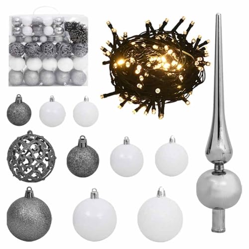 neolun Festive 120 Piece Christmas Ball Set with 300 LED Lights and 8 Lighting Modes, Shiny and Glitter Gray