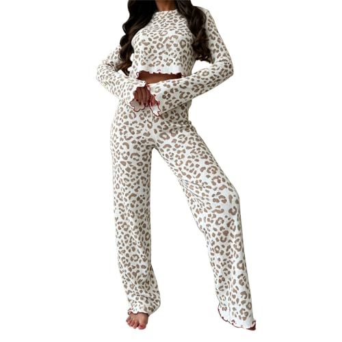 Women's Pajama Sets 2 Piece Ribbed Knit Long Sleeve Lounge Set | Ruffle Sleeve Crop Top, Cozy Ribbed Knit Long Sleeve 2 Piece Lounge Set, Wide Leg Pants, Comfy Fall Winter Loungewear - image 1