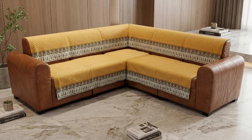 Image of KINGLY L-Shape Sofa Cover 5 Seater 3+2 Velvet Full Cover - Mustard Yellow | Fully covered quilted velvet slipcover, washable anti-slip furniture protector, L-type corner sofa cover for living room