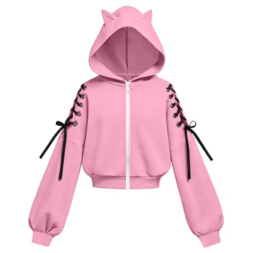 Girls Zip Up Hoodie Y2K Cat Ear Hoodies Lace Up Sleeve Sweatshirts Tween - image 8