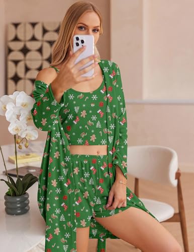 Image of Ekouaer Pajamas for Women Set 3 Piece Lounge Set Soft Pajama Sets Waffle Knit Tank Top and Shorts Cardigan with Pockets S-XXL