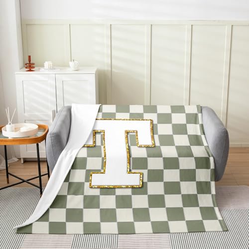 Image of Erosebridal Sage Green Checkered Fuzzy Plush Throw Plaid Initial T Fleece Blanket Personalized Monogram Flannel Blanket for Kids Boys Girls,Fashion Grids Gingham Decor for Bed Couch Twin 60 inchx80 inch
