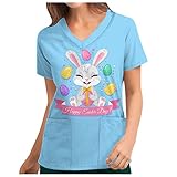 yiouyisheng Kasacks Damen Pflege Bunt Motiv Ostern Hase Ostereier Druck Tunika Kurzarm V-Ausschnitt Arbeitskleidung Pflege Kasack Easter Berufskleidung Bluse mit Taschen