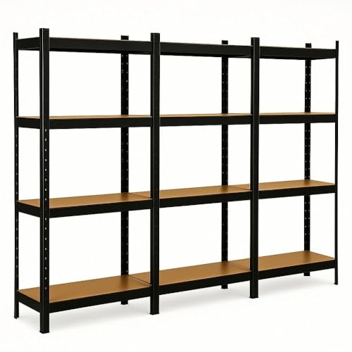 EURO VANADIUM - Triple Étagères de Rangement Charges Lourdes - 210 x 150 cm - 960 kg - Étagères de Garage modulables, 4 Niveaux, 12 Plateaux - 40 cm - Noir