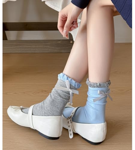Image of Women's Bow Crew Socks - Cotton Sweet Lolita Dress Breathable Soft Girls' Socks - 3 Pairs