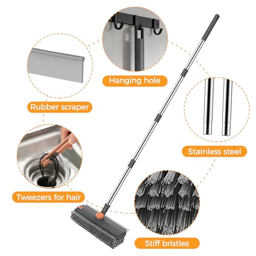 Image of SetSail Floor Scrub Brush, 3 in 1 Floor Scrub Brush with 54-in Adjustable Long Handle and Scraper Heavy Duty Stiff Bristle Floor Scrubber for Cleaning Shower Bathroom Kitchen Patio Garage, Grey&Orange