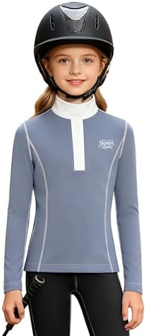 Hansber Girls Horse Riding Shirts Half Zip Horseback Show Shirt Equestrian Long Sleeve Top Activewear Dusty Blue 6 Years
