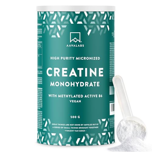 Creatin Monohydrat Pulver 500g | Pure Mikronisiertes 200 Mesh Kreatin Monohydrat Pulver mit Vitamin B6 P5P - Vegan Creatine Monohydrate - Pre Workout Creatin
