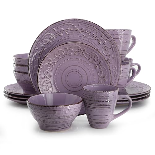 Elama Malibu Mica 16-Piece Stoneware Embossed Pattern Reactive Glaze Purple Dinnerware Set Tableware Serveware Set (Mica Purple)