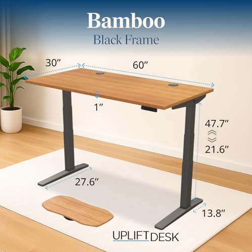 Image of UPLIFTDESK Bamboo (60 x 30 inch) Standing Desk 2-Leg V3 Adjustable Stand Up C-Frame (Black), Advanced Keypad, Wire Grommets, Wire Tray, Rocker Board