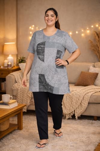 Image of RYSH Women's All-Over Printed Cotton Plus Size Longline T-Shirt with Pockets