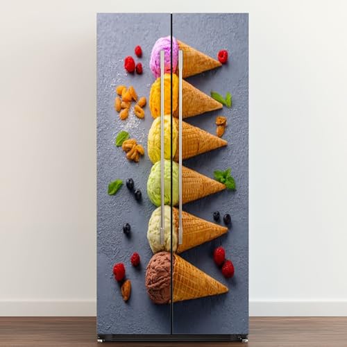 Self Adhesive Vinyl Refrigerator Wrap Multicolored Fruit Flavored ice Cream Cones Row Shot from Above Door Mural Sticker Peel and Stick Removable Door Cover Fridge Wrap Decal for Kitchen Decor