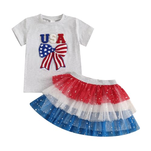 4th of July Baby Girl Outfits Embroidery Bow Short Sleeve T-shirt Tops Tulle Skirt 2Pcs Toddler Girls Summer Clothes (USA Bow-Gray, 18-24 Months)