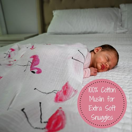 Image of LollyBanks Muslin Swaddle Blankets, 100% Cotton Baby Swaddle Blanket for Girls, Soft and Large 47 x 47 Inches Newborn Swaddle, Breathable Baby Receiving Blankets, Registry (Flamingo Print)