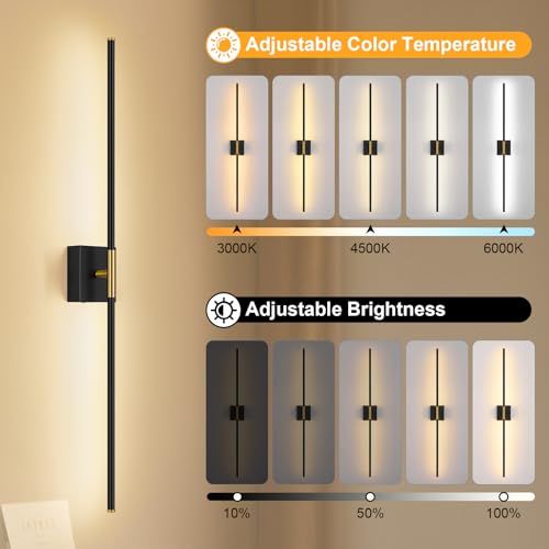 Image of Battery Operated Wall Sconce Set of Two with Remote Control, 3000K-6000K Dimmable Black Gold Wall Lights, Timable LED Wireless Wall Sconces, 350 Ratate for Bathroom, Living Room, 39.4 Inch