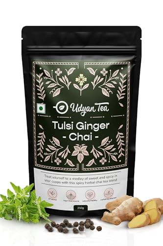 Udyan Tea Tulsi Ginger Chai, 250g | Immunity-Boosting CTC Black Tea with Tulsi, Ginger & Black Pepper | Ayurvedic Healing Blend for Cold & Cough Relief | Handcrafted Sweet & Spicy Tea