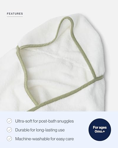 Image of Lalo The Hooded Towel - 100% Organic Cotton, Soft on Sensitive Skin, Cozy & Absorbent, Machine Washable Baby Hooded Bath Towel - Sage