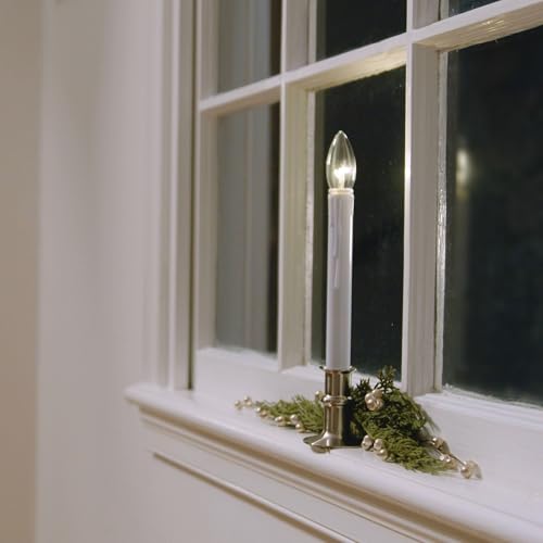 Image of Ultra Bright Battery Operated LED Window Candles Brushed Nickel | Automatic Timer, Metal Base, Adjustable Height, Flameless Christmas Window Sill Lights, 4-Pack