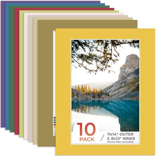 Frametory, 11x14 Mix Color Picture Mats for 8x12 Photos with White Core Bevel Edge Framing Mattes, Acid Free and 4-Ply Thickness - Pack of 10