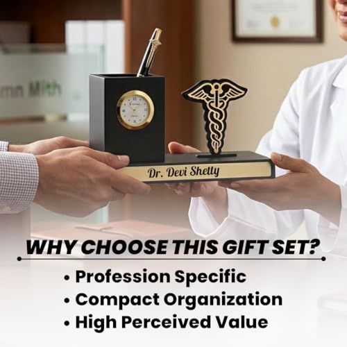 Image of Giftana 2 in 1 Personalized Desk Table Organizer with Pen Gift Set for Doctors, Customized Pen Stand Table Clock & Calendar, Customised New Year Corporate Gift Set for Employee (Doctors Symbol)