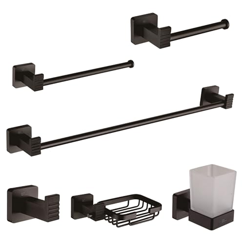 Image of IBELL Black Aluminum Set of 6-Pcs /Bathroom Hardware Set (Towel Bar /Soap Holder /Toothbrush Holder with Tumbler /Toilet Paper Holder /Hook /Towel Ring), Matte Black.