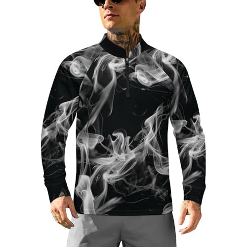Beautiful White Smoke in The Black Men's Rash Guard Long Sleeves Quick Dry Fishing Workout Shirts with Zipper