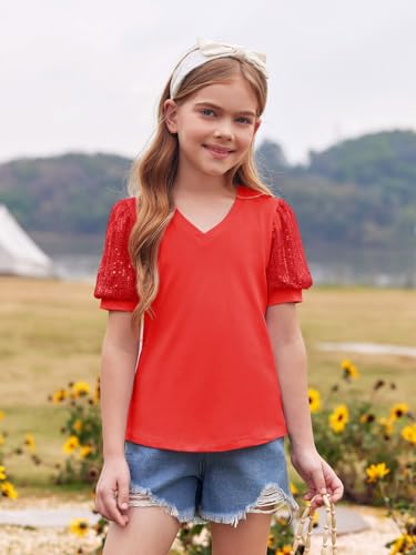 Haloumoning Girls Sequin Puff Short Sleeve Tunic Tops Kids Casual Loose V Neck Summer T Shirts Blouse 5-14 Years2