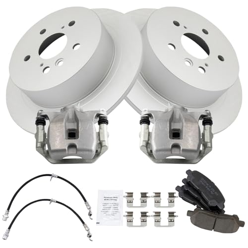 Image of TRQ Rear Brake Pad and Rotor Set Ceramic Coated Rotors Calipers Compatible with 2008-2013 Toyota Highlander