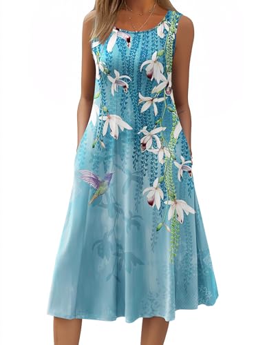 Image of HOTOUCH Summer Casual Dresses for Women Sleeveless Midi Dress Swing Tank Sundress Pleated Tshirt Dress with Pockets