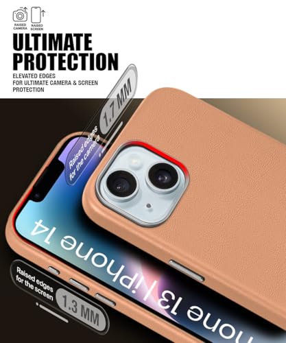Image of WOW IMAGINE Back Cover for iPhone 13 | iPhone 14 | Shockproof Tough Leather Texture Hard Mobile Case | Ultra Slim Non-Slip Grip | Inner Velvet Fabric | Metal Camera Ring (Tan Brown)
