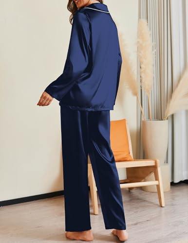 Image of Ekouaer Pajamas For Women Silk Pjs Long Sleeve Button Down Lounge Sets | Christmas Pajamas 2 Piece Satin Sleepwear Cute Print,Fun Pjs for Sleep,Wedding,Bridal Party,Holiday