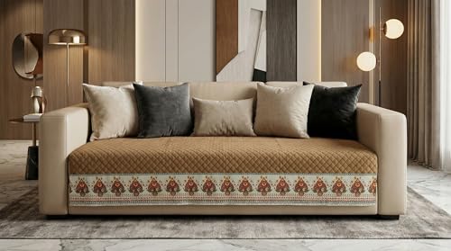 Image of Velvet Quilted Sofa Cover Mat Seat & Back, L Shape 3+2, Main L69in Chaise L46in H32in, Gold Color,Anti Skid Backing, 6in Hanging Strap Design, Washable Soft, Style -Gold-L32