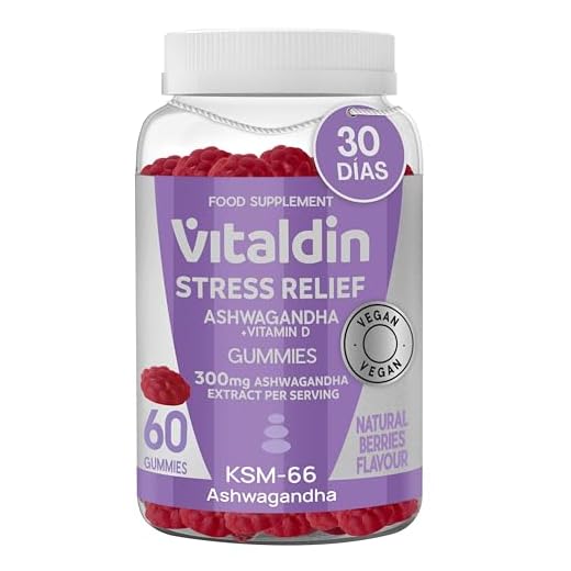 VITALDIN Gominolas de extracto de Raíz de Ashwagandha – 60 Gummies, 300 mg KSM-66 & 1.000 IU Vitamina D2 – sabor Frutos Rojos – Adaptógeno Antiestrés, Calma y relajación – Vegano