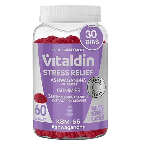 VITALDIN Gominolas de extracto de Raíz de Ashwagandha – 60 Gummies, 300 mg KSM-66 & 1.000 IU Vitamina D2 – sabor Frutos Rojos – Adaptógeno Antiestrés, Calma y relajación – Vegano
