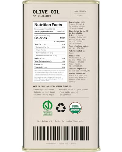 Image of NaturaleBio Extra Virgin Olive Oil 17floz. Organically harvested in Spain. D.O.P certified. Premium Cornicabra and Picual olives from centenary trees. Cold pressed for superior flavour and aroma.