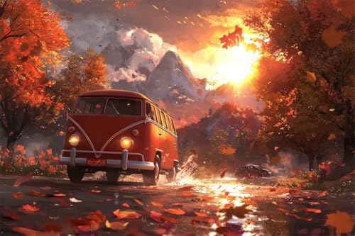 Adultos y Principiantes Diamond Painting Taladro Completo 5D DIY Arts Kits Autobús Del Bosque Otoñal Imagen Bordado Diamante Pintura Pintura Para Decoración Pared Hogar Taladro Redondo 60x90cm C0745
