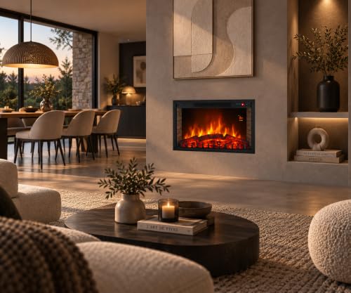 Miniatura 6 de Chemin Arte Chimenea Eléctrica Empotrable Con Calefacción, Efecto De Llama - Inserto De Chimenea - Mando A Distancia - 76x23x54cm