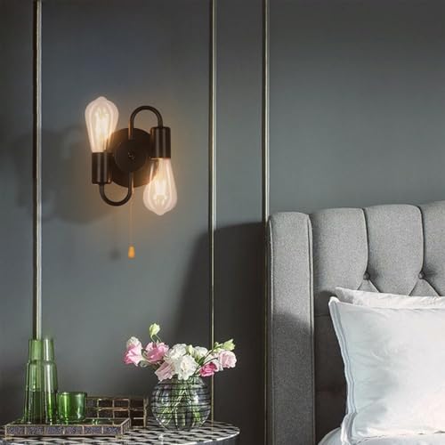 Lámpara de pared E27 vintage con interruptor de cadena y dos focos led negros para salón