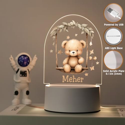 Image of SNAPTRAP LED Name Light Customized for Kids | Personalized Acrylic Night Lamp with Custom Name | Cute Animal, Rainbow, Butterfly & Teddy Themes | USB Powered Nursery Night Light Gift (Teddy Swing)
