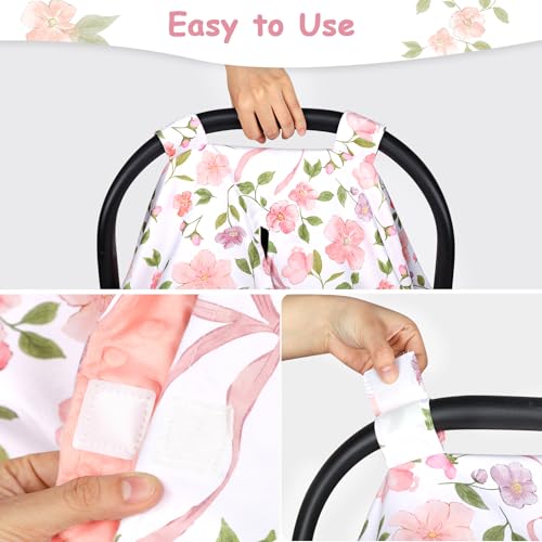 Image of TANOFAR Baby Carseat Canopy, Peekaboo Opening Car Seat Canopy for Babies, Soft and Breathable Infant Carrier Canopy, Multi-use Baby Carrier, Stroller, Nursing Cover, Minky Blanket, Pink Bow