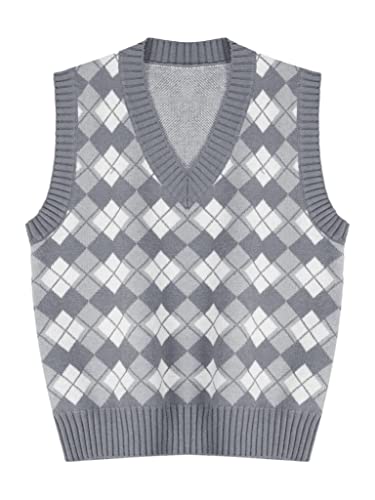 Kids Girls V-Neck Plaid Uniform Waistcoat Pullover Knitted Sweater Vest Crochet Knitwear for Autumn