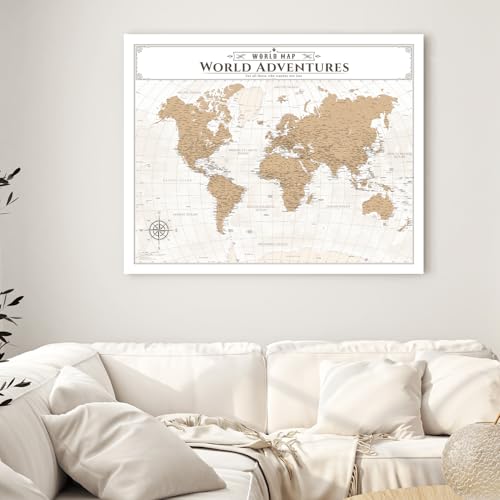 Image of IPIC - Vintage World Map Pin Board Canvas Wall Art, Travel Map with Pins Included, Ready to Hang for Home or Office, 30x24 Inch