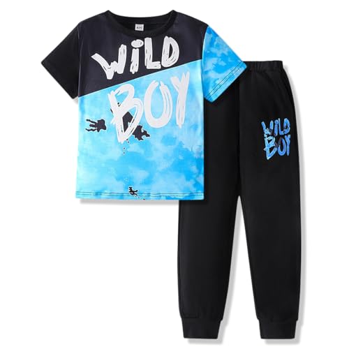 Image of OLMRJKD Boys 2 Piece Outfits Color Block Clothes Short Sleeve T Shirt and Camouflage Pants Summer Clothing Sets