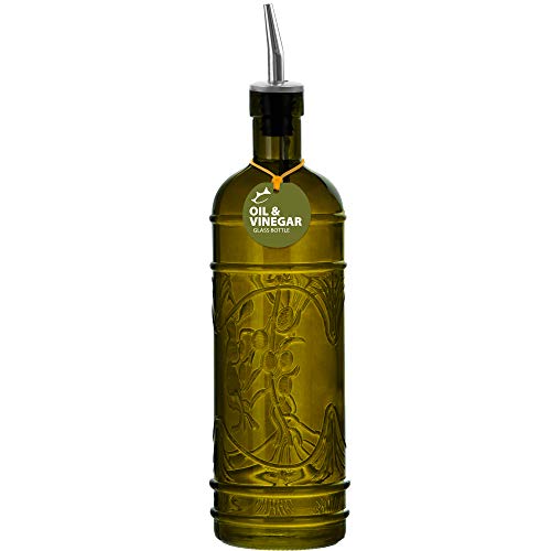 Couronne Company Olive Branch Recycled Glass Oil or Vinegar Bottle with Pour Spout, , 11 Inch Tall, 16.1 Ounce, Vintage Green, 1 Piece, 475ml