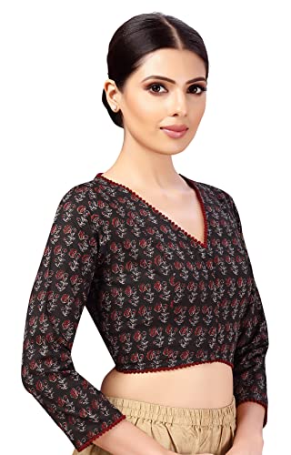 Studio Shringaar Women's Cotton 3/4 Sleeves Block Printed Cotton V Neck Saree Blouse