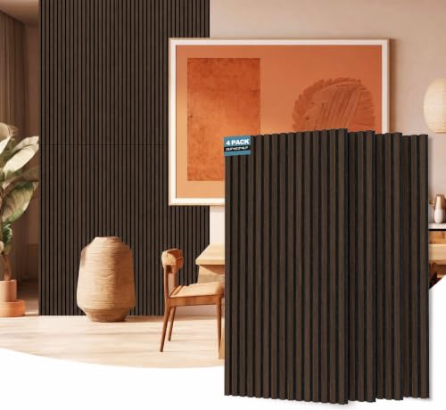 Image of AKUMAX Extra-Thick 0.7 inch Wood Slat Acoustic Wall Panels, 4 Pack 47.2 inch x 23.6 inch, 31 ft, NRC 0.80 Sound Absorbing 3D Slat Wall Paneling with Real Wood Veneer, E0 MDF and PET Felt, Black Walnut