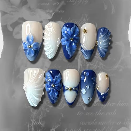 24Pcs Blue Flower Press on Nails Medium Almond French Tip Fake Nails with 3D Gold Starfish Pearls Designs Lily Flowers False Nails Blue Gradient Full Cover Cute Floral Acrylic Stick on Nails for Women