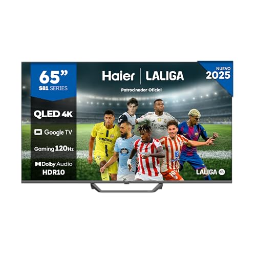 Haier QLED 4K UHD H65S81FUX - 65', Smart TV, Google TV, Dolby Audio, HDR 10, Smart Remote Control, Google Assistant, Bluetooth 5.1, 120Hz Gaming, USB 2.0, DBX TV, HDMI 2.1 x 4, Sin Marcos, 2025